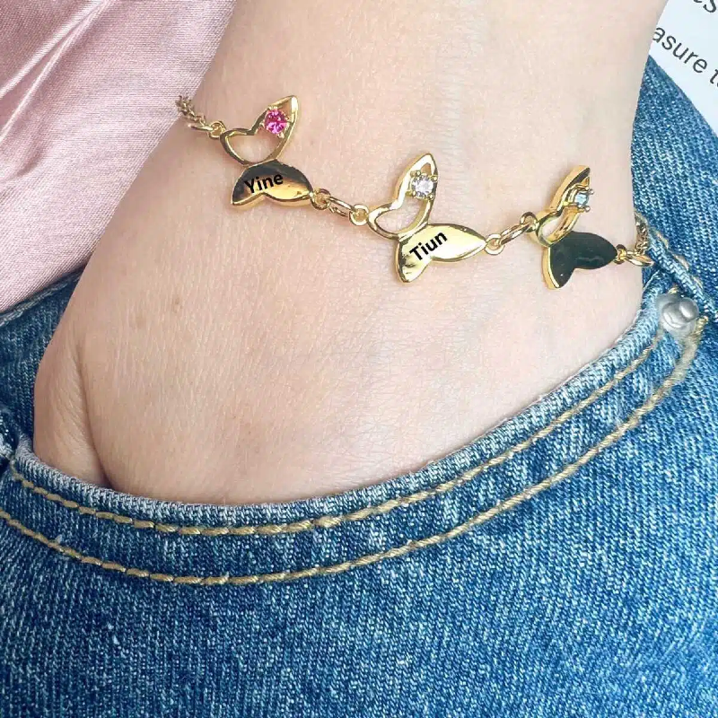 Personalized Butterfly Bracelet - Custom Birthstone and Name Engraved Wing