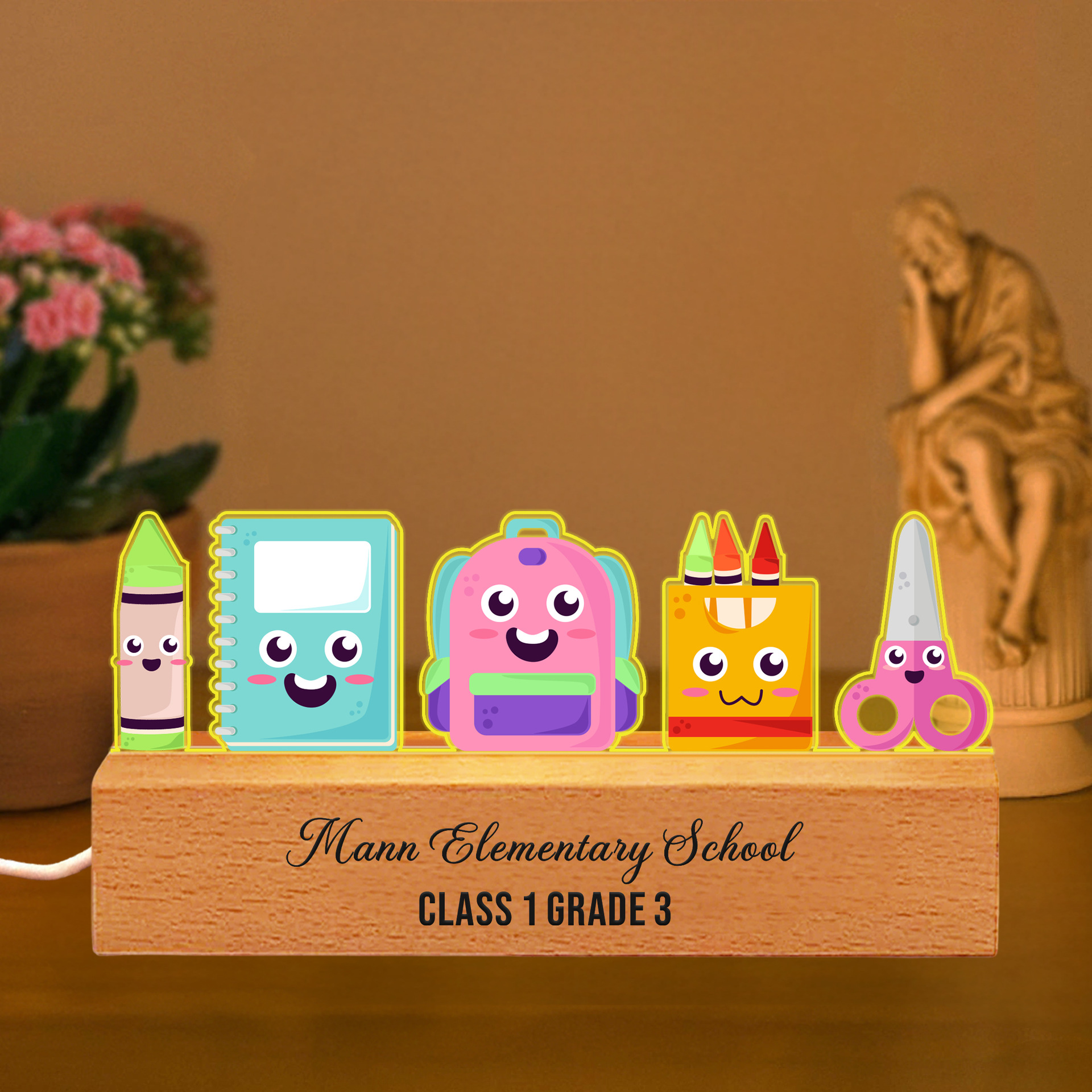 Customizable Study Night Light - Personalized School Cartoon Lamp with 3 Color Modes
