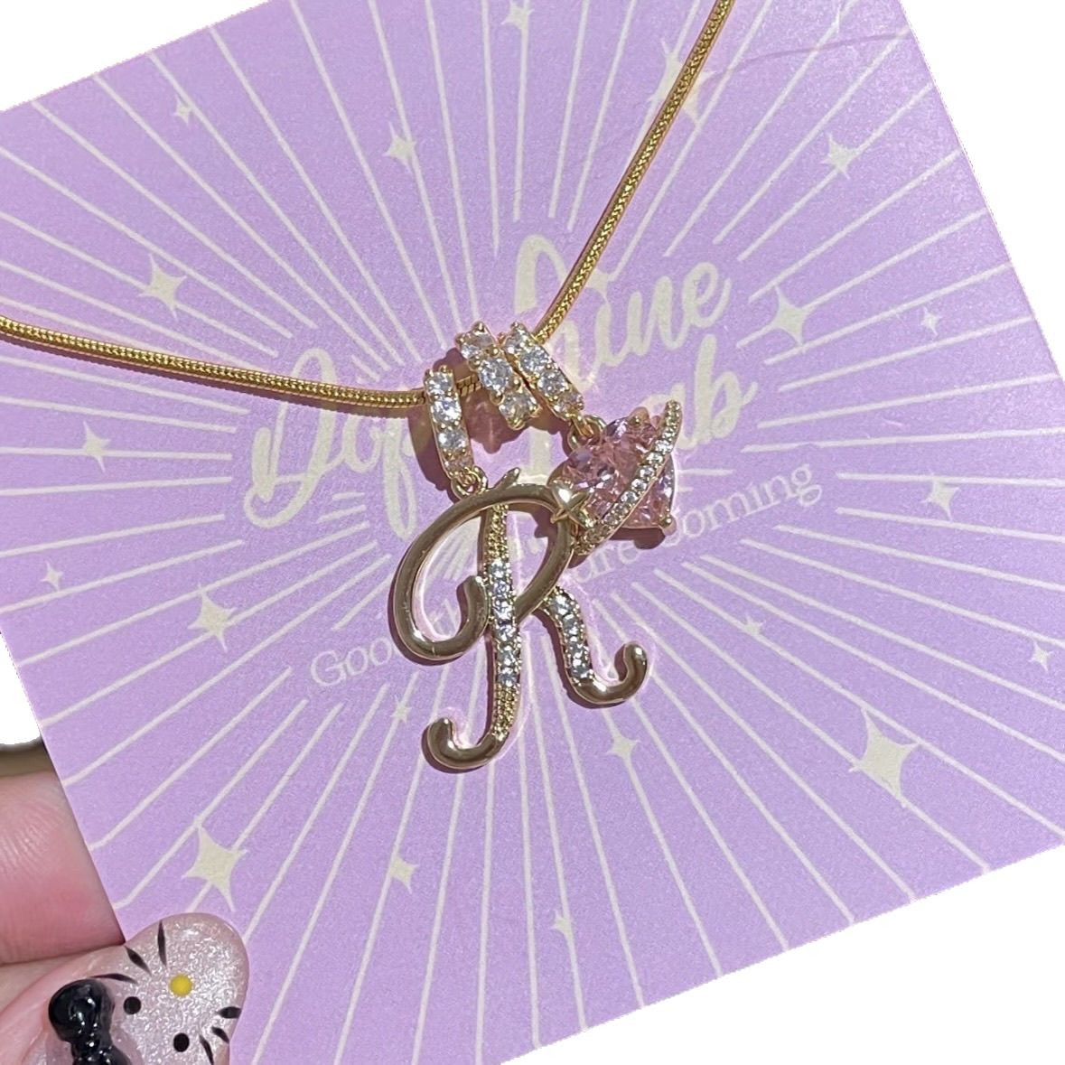 Personalized Letter Necklace - 18K Gold Plated with Pink Zircon Heart