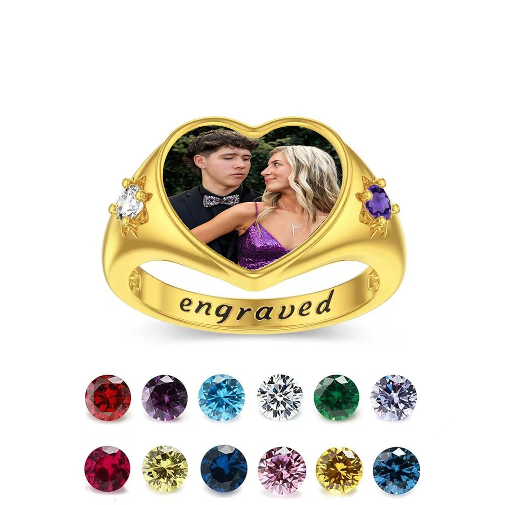 Personalized Birthstone Heart-Shaped Photo Ring with Custom Name Engraved