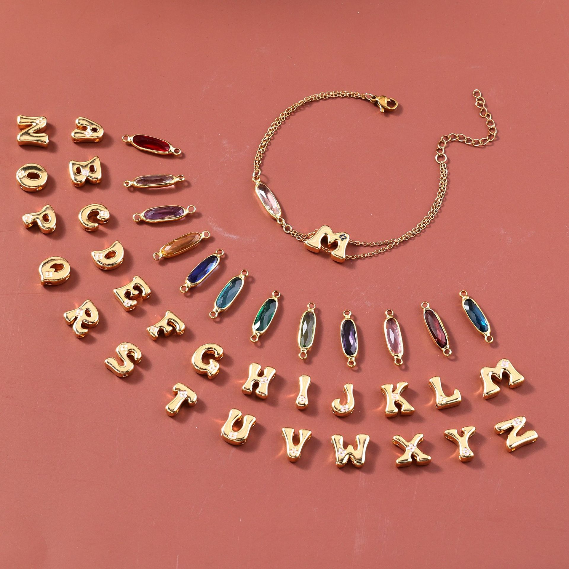 Custom Initial Bracelet - 18K Gold Plated Copper Letter Charm and Marquee Birthstone - Stainless Steel Chain