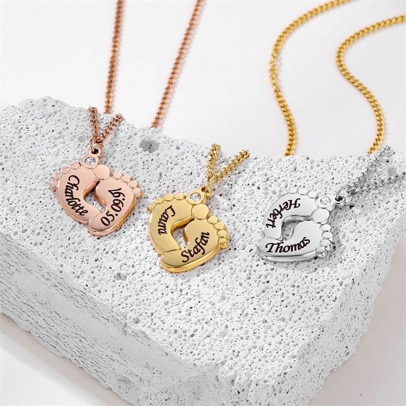 Customized Baby Feet Birthstone Name Necklace