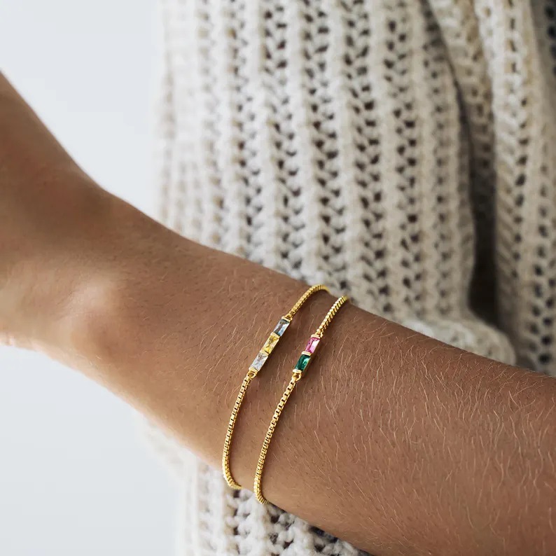 Personalized Birthstone Bracelet, Custom 1-5 Stone Rectangle Bar Bracelet, 18K Gold Plated Stainless Steel
