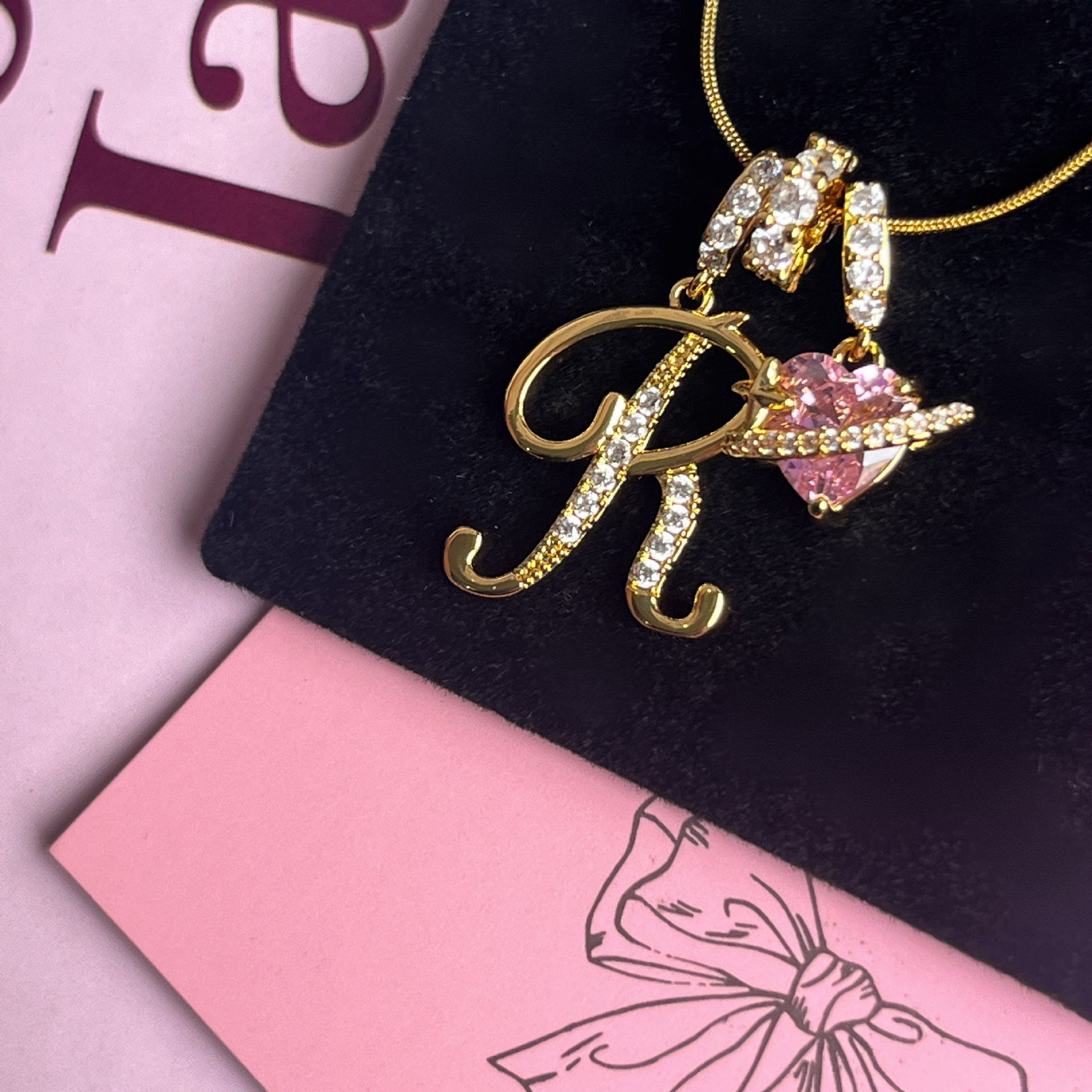 Personalized Letter Necklace with Pink Zircon Heart - 18K Gold Plated
