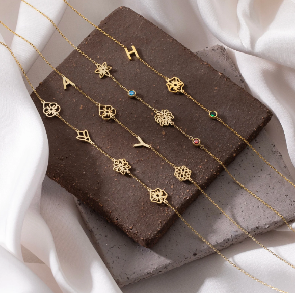 Personalized Birth Flower Letter Birthstone Necklace