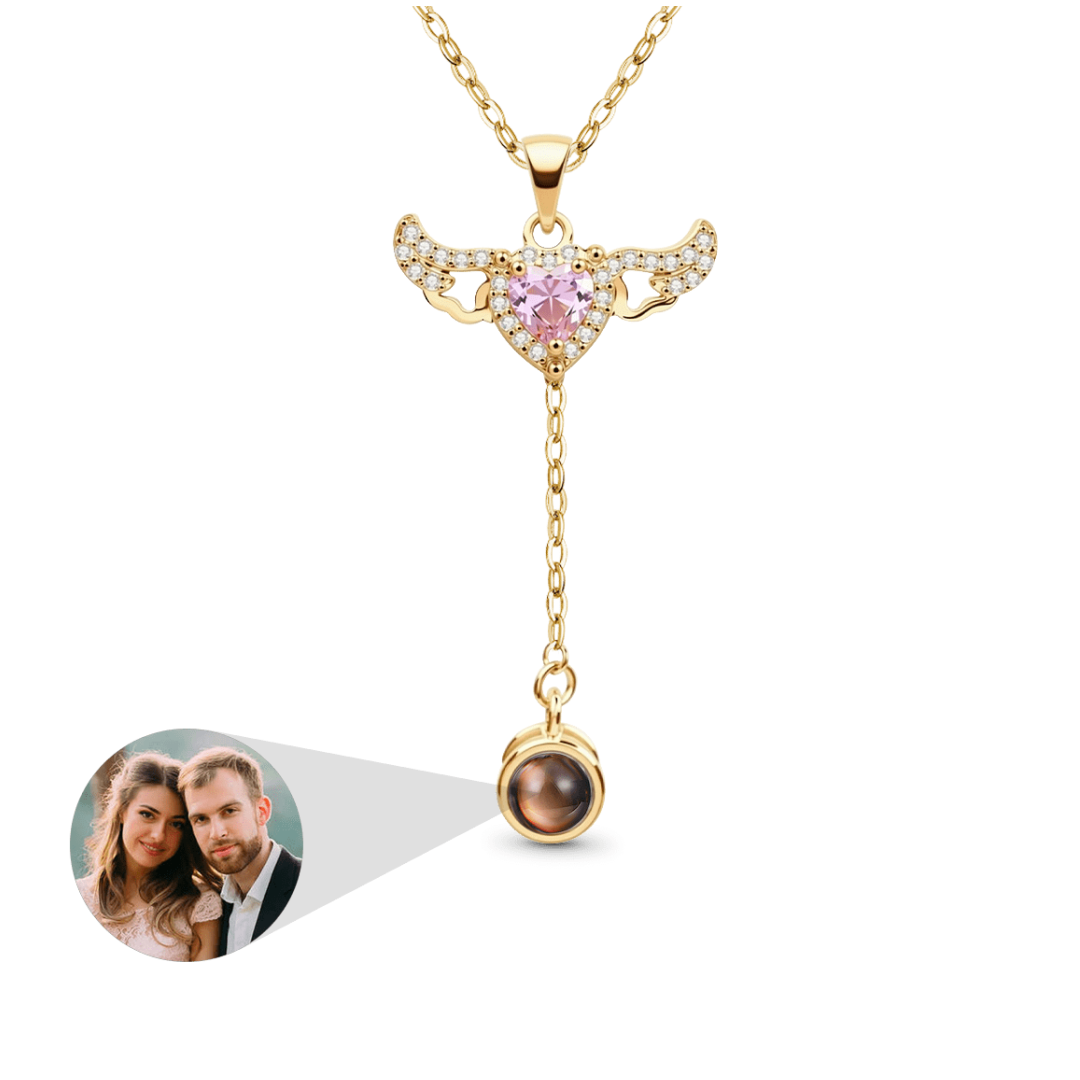 Personalized Cupid Heart Angel Wings Projection Pendant, Custom Photo Copper Necklace