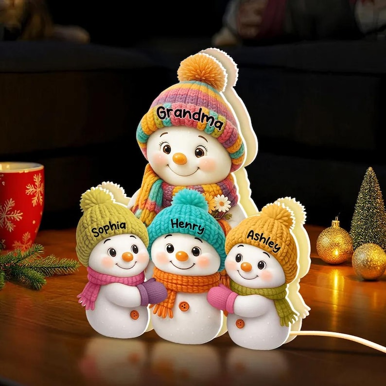 Christmas Grandma Grandkids Snowman Together 3D Effect LED Light Box