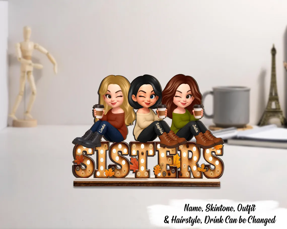 Personalized 2-4 Besties Sitting On Marquee Standing Wooden Plaque, Custom 2-Layer Wooden Sign
