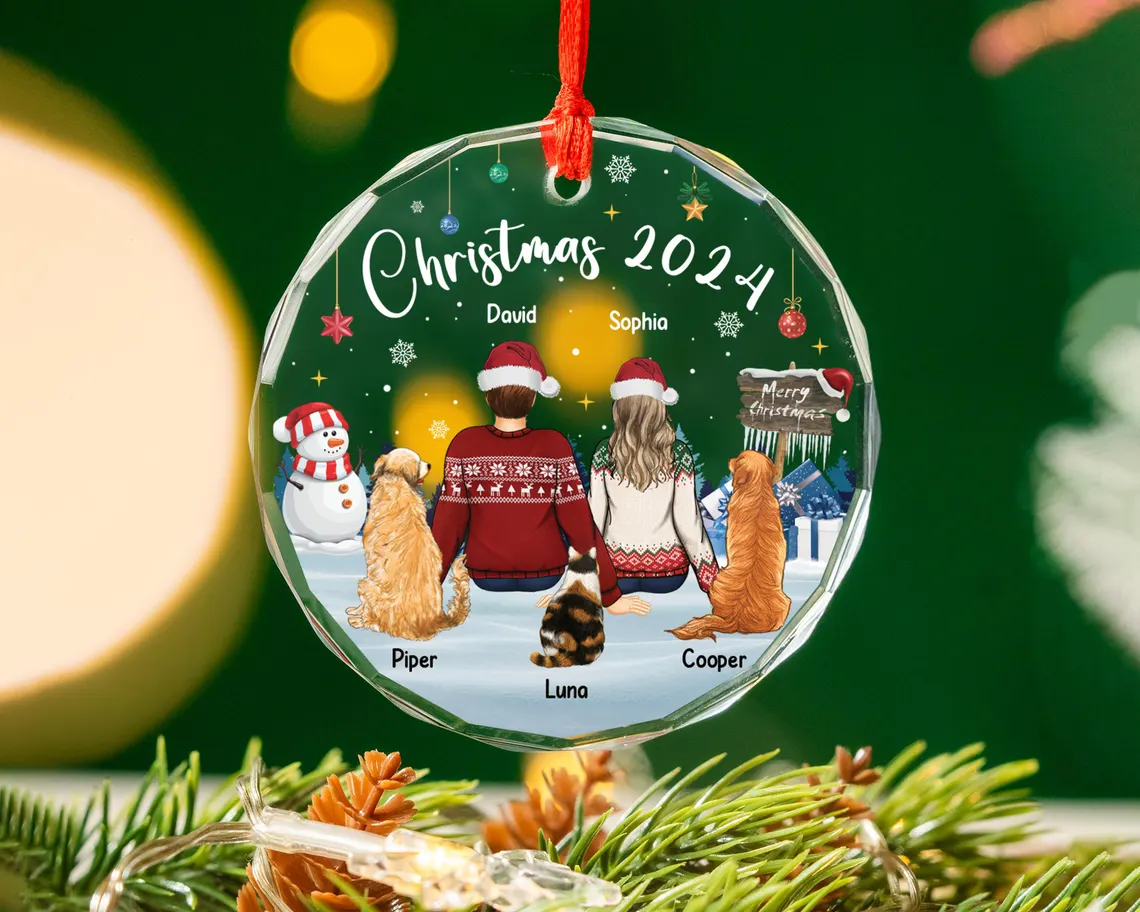 Custom Couple & Pets Christmas Ornament - Personalized Circle Glass Ornament