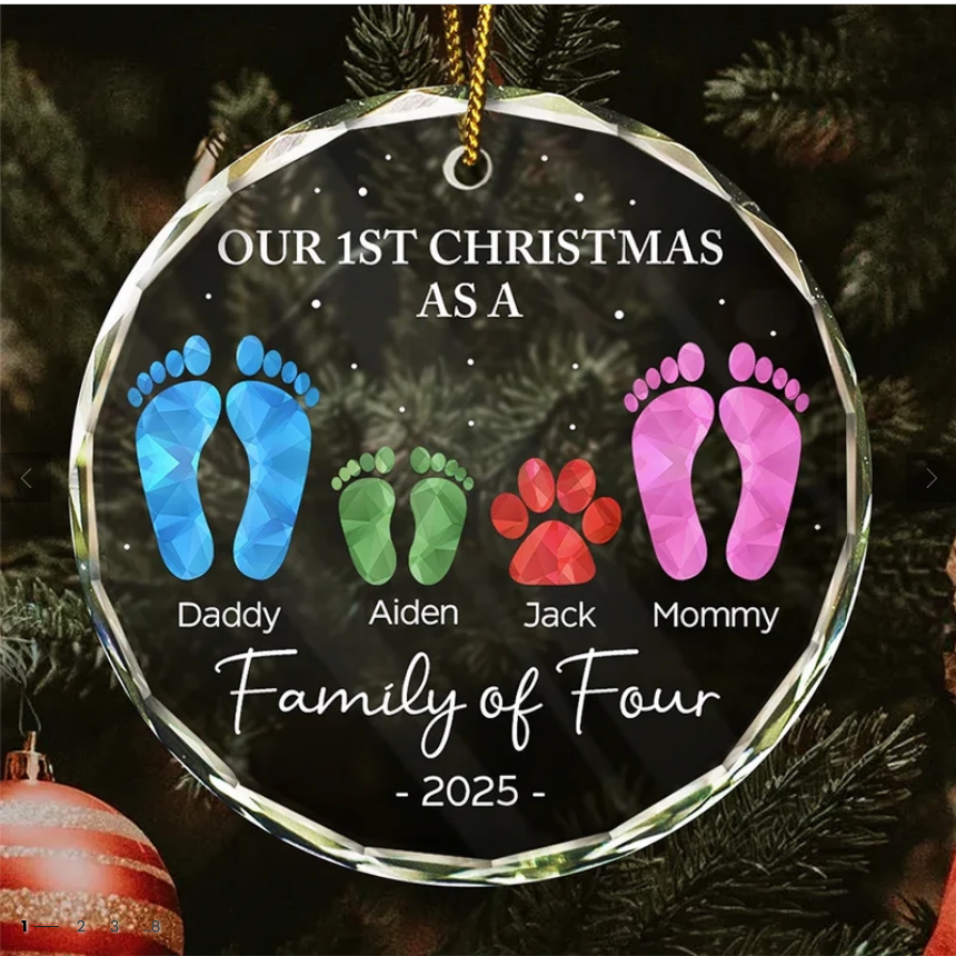 Custom First Christmas Of Family Footprints - Personalized Circle Glass Ornament