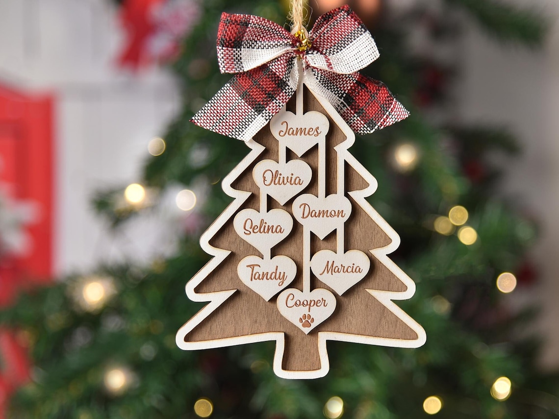 Personalized Family Christmas Tree Ornament - Custom Engraved Wooden Christmas Ornament