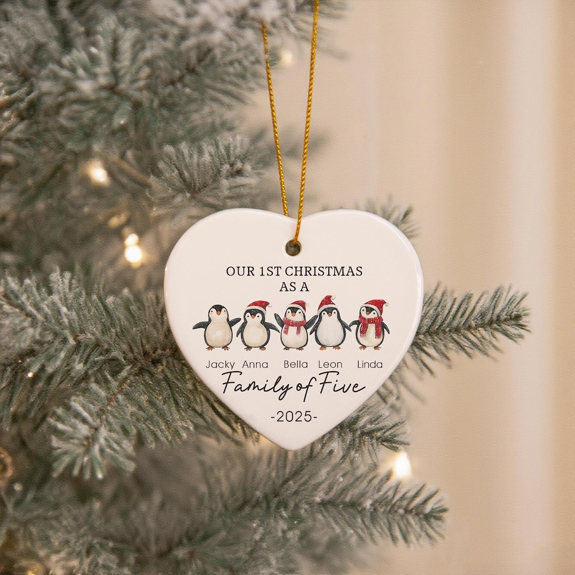 Personalized Christmas Bauble with Penguin Family -  Custom Name Ceramic Christmas Ornament