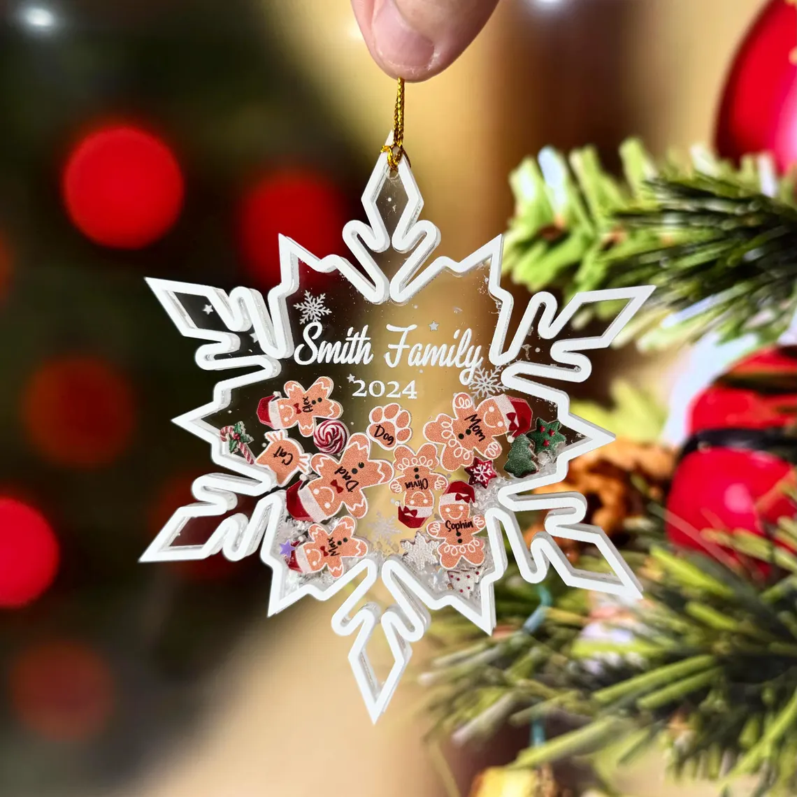 Personalized Snowflake Family Ornament with Pets, Gingerbread with Hat Family Ornament, 4D Shake Acrylic Ornament