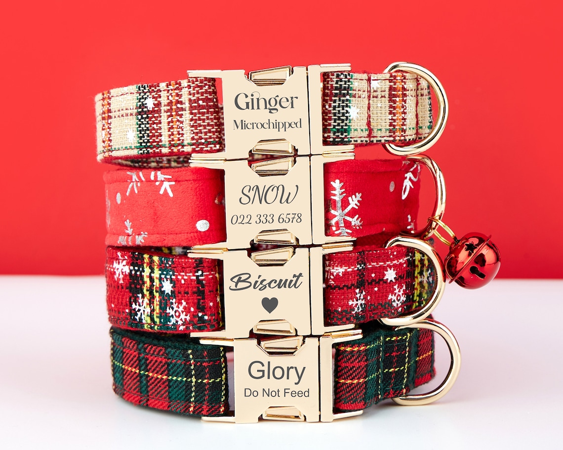 Personalise Christmas Dog Collar Leash Set with Bow, Custom Engraved Pet Name Plate Metal Buckle