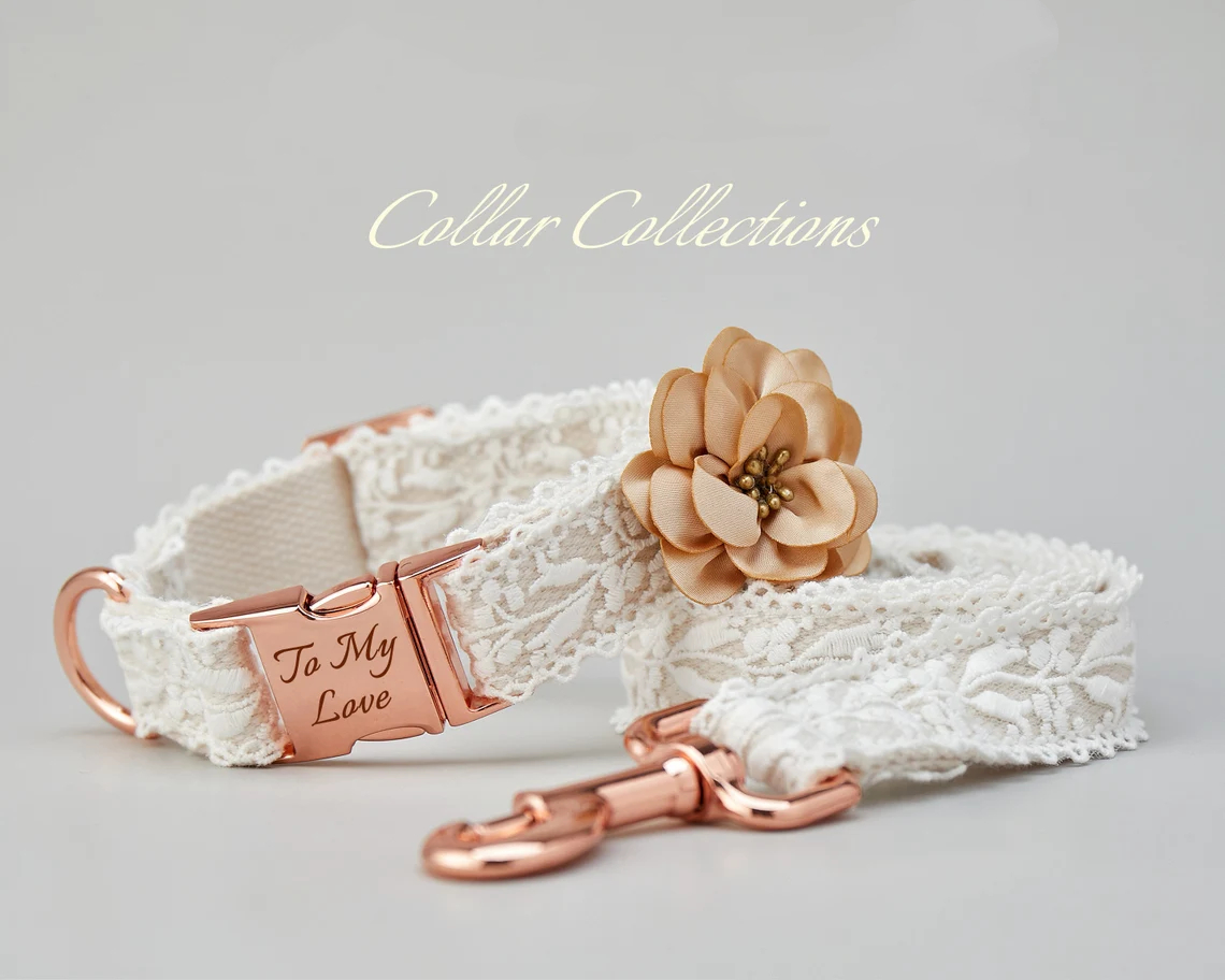 Personalize White Ivory Lace Dog Collar & Leash Set, Custom Pet Name Tag, Detachable Flower for Bridesmaid Wedding Dog