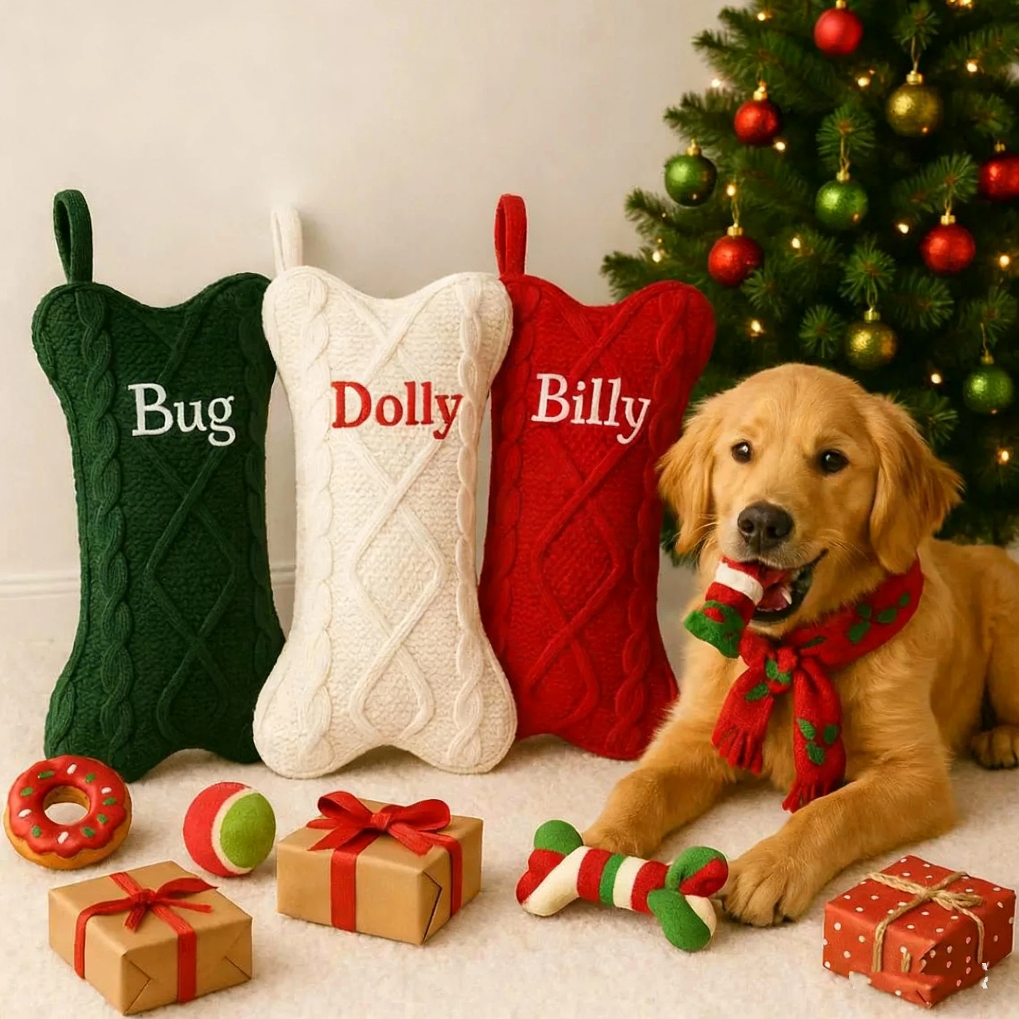 Personalized Embroidered Dog Bone Christmas Stocking: Knitted Pet Holiday Decor