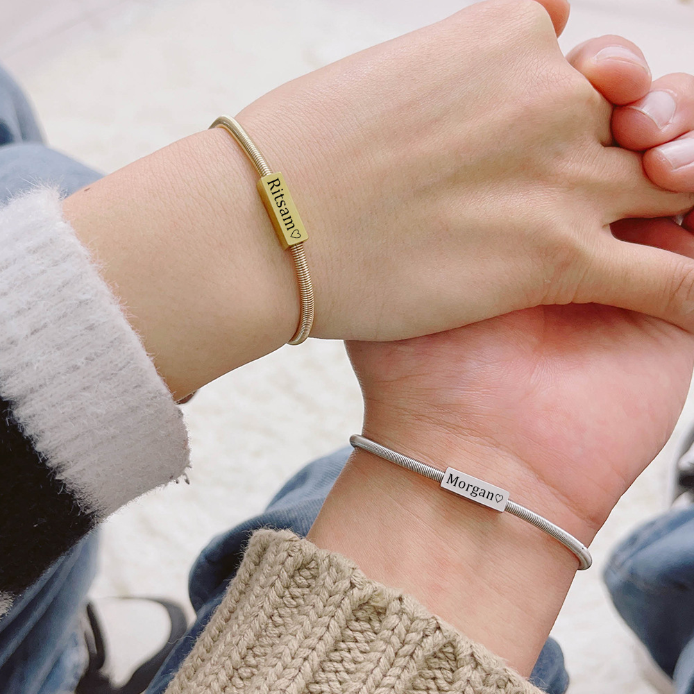 Personalized Stainless Steel Spring Rectangle Nameplate Bracelet