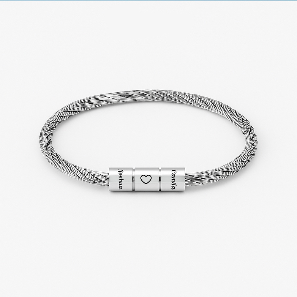 Personalized Stainless Steel Wire Rope Bracelet - Custom Engraved Bead