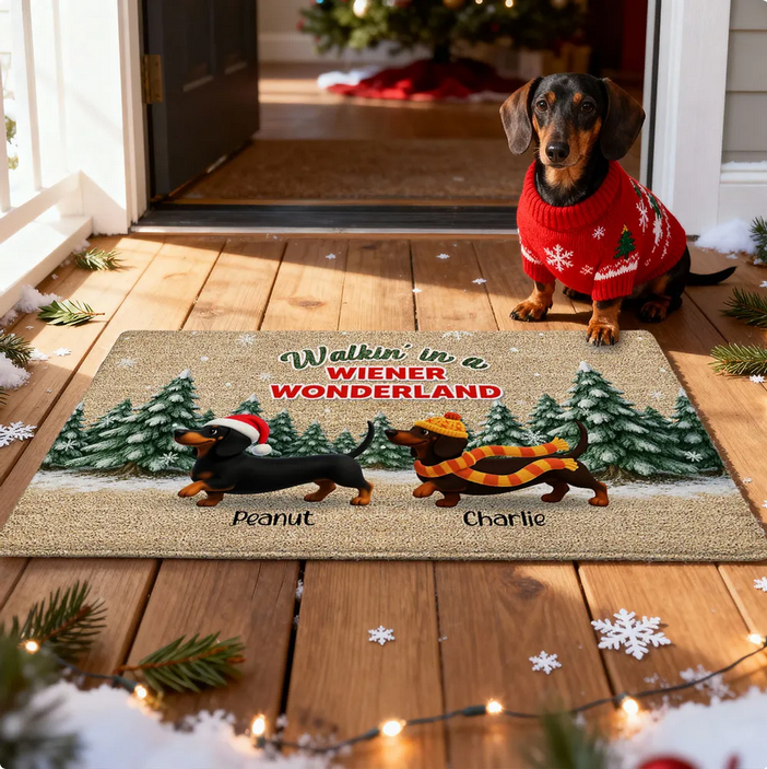Personalized christmas Doormat - 3D Effect Dachshunds Walking In A Wiener Wonderland