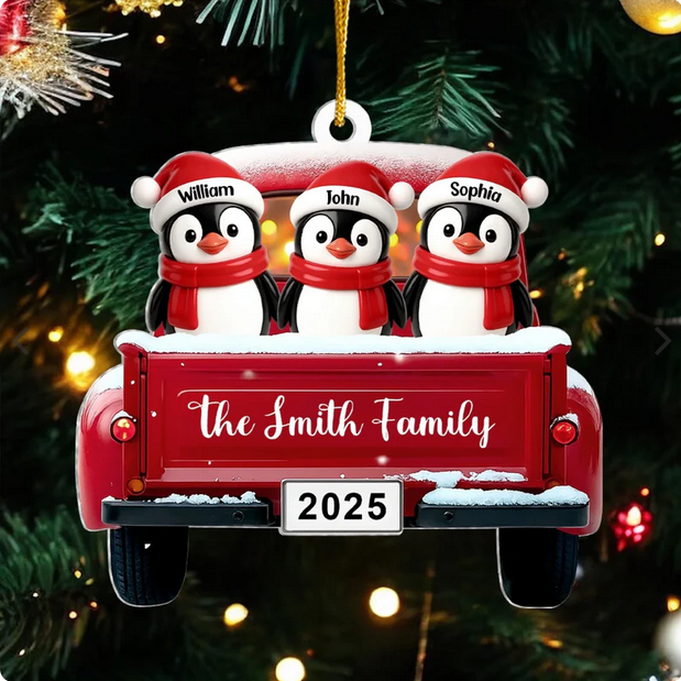 Penguin Family Christmas With Red Truck - Personalized Acrylic Ornament