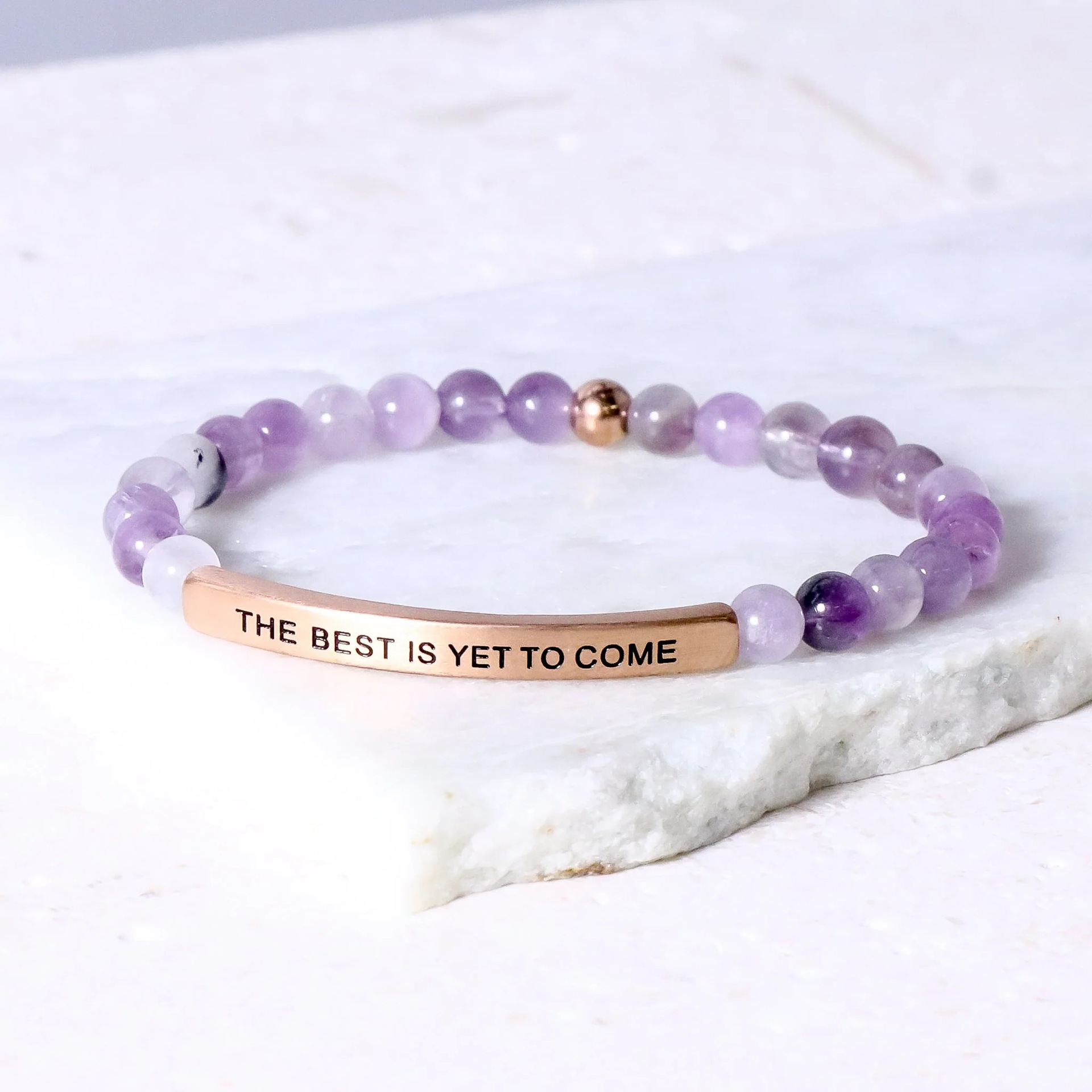 Custom Engraved Natural Stone Bracelet with Stainless Steel 3D curved Bar and Bead - Rose Gold