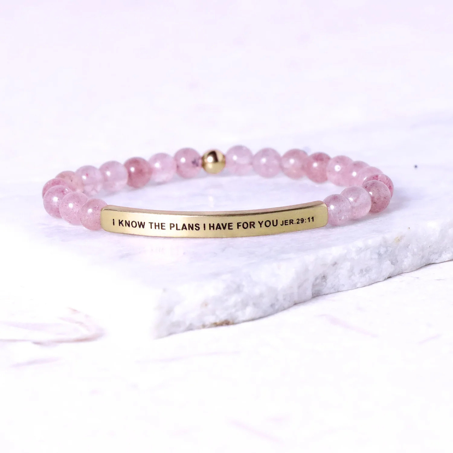 Custom Engraved Natural Stone Bracelet with Stainless Steel 3D curved Bar and Bead - Gold