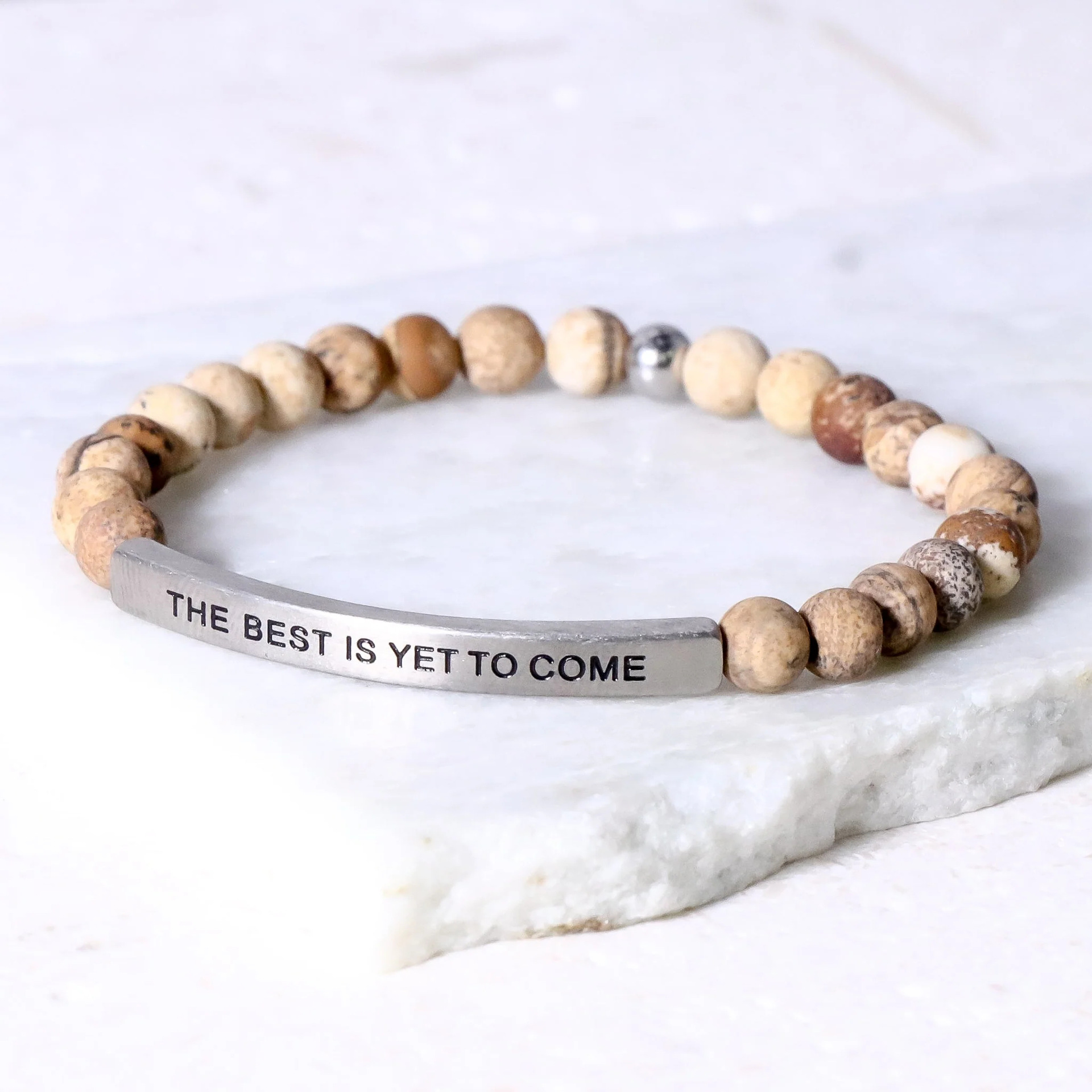 Custom Engraved Natural Stone Bracelet with Stainless Steel 3D curved Bar and Bead - Silver