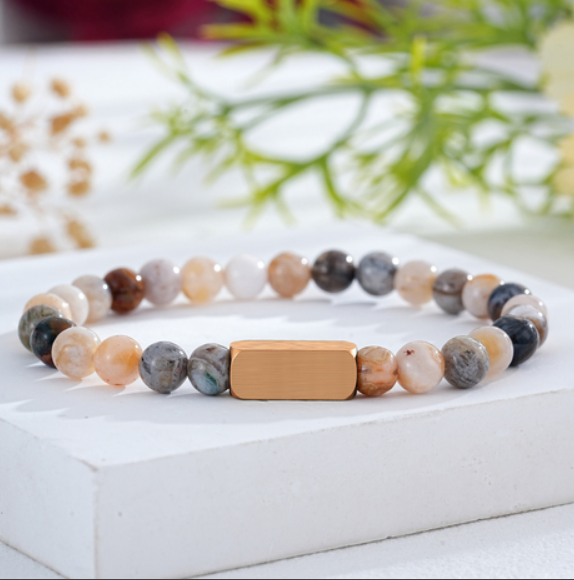 Custom Engraved Natural Stone Bracelet with Stainless Steel 3D Rectangular Bar
