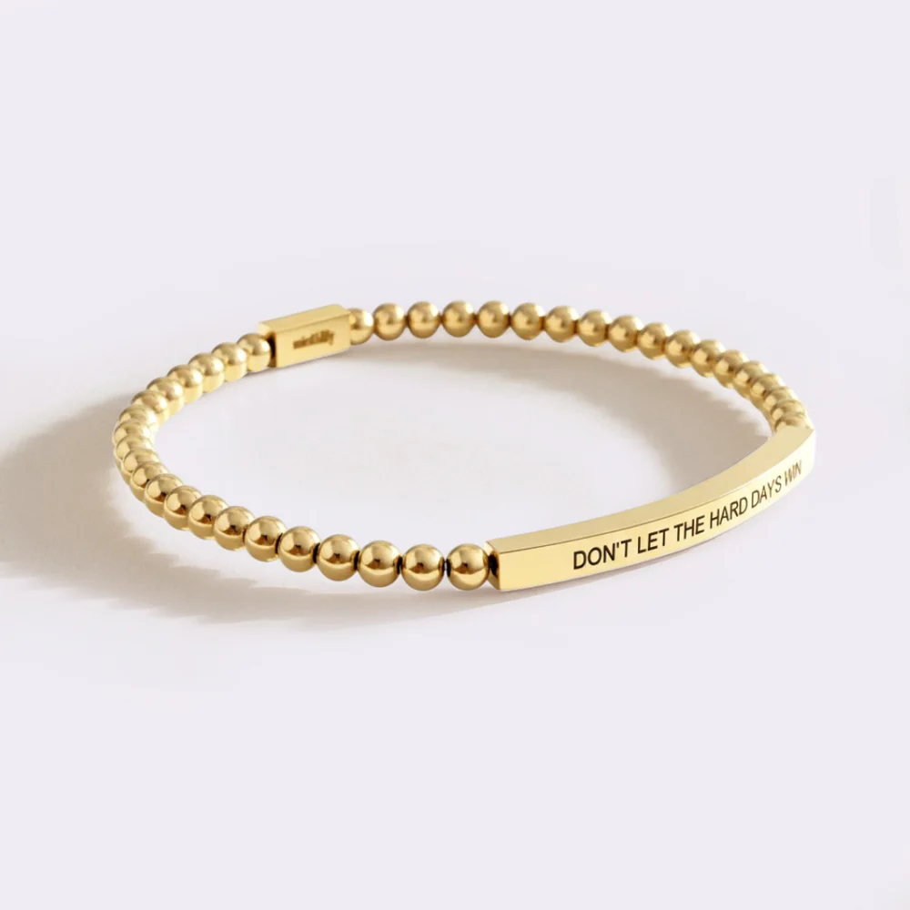 Custom Engraved Natural Stone Bracelet with Stainless Steel 3D Rectangular Bar - Gold
