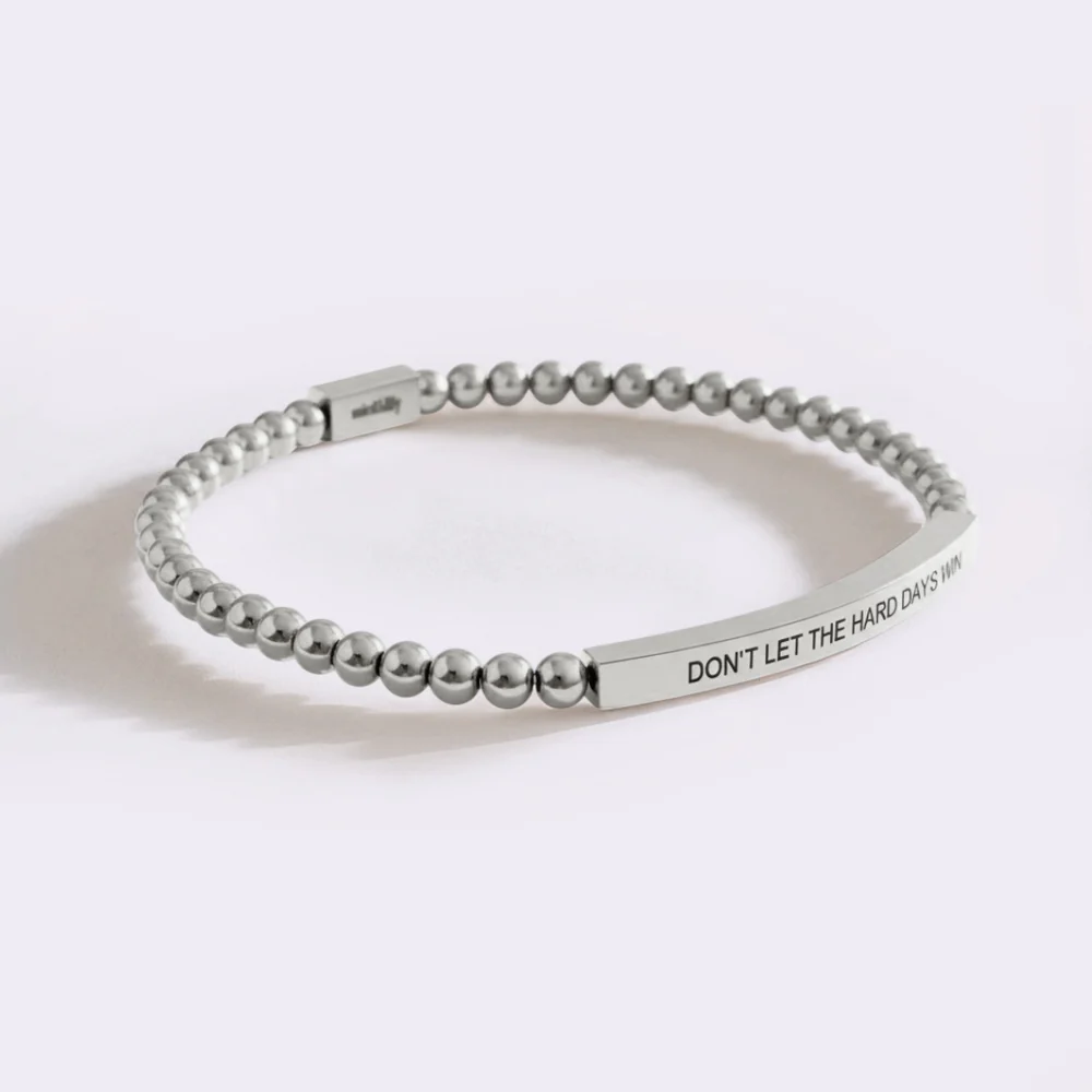Custom Engraved Natural Stone Bracelet with Stainless Steel 3D Rectangular Bar - Silver