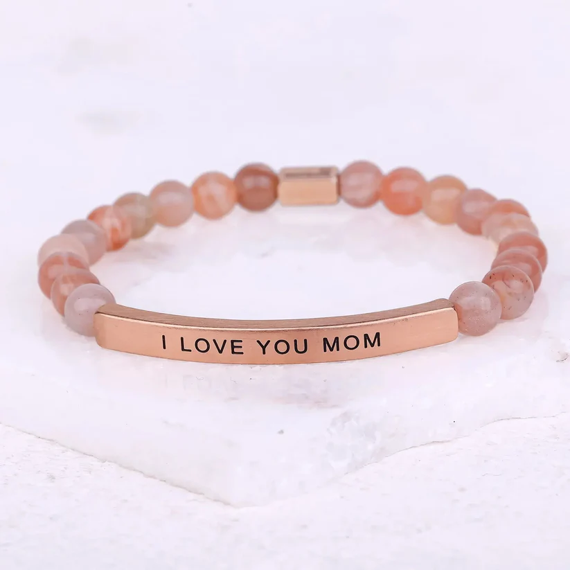 Custom Engraved Natural Stone Bracelet with Stainless Steel 3D Rectangular Bar - Rose Gold