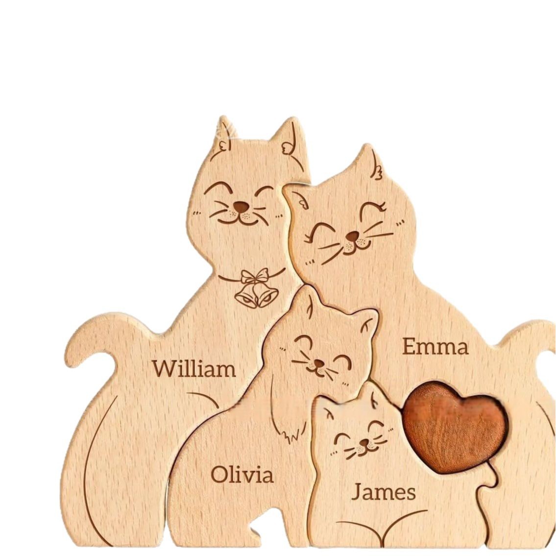 Personalized Wooden Bell Cat Family Puzzle Decor
