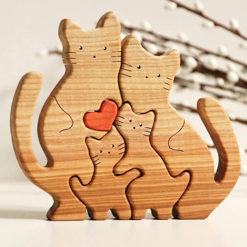 Personalized Wooden Cat Family Puzzle Decor
