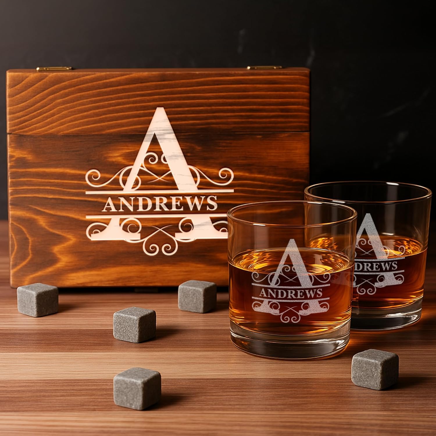 Custom Engraved Whiskey Glasses with Wooden Box