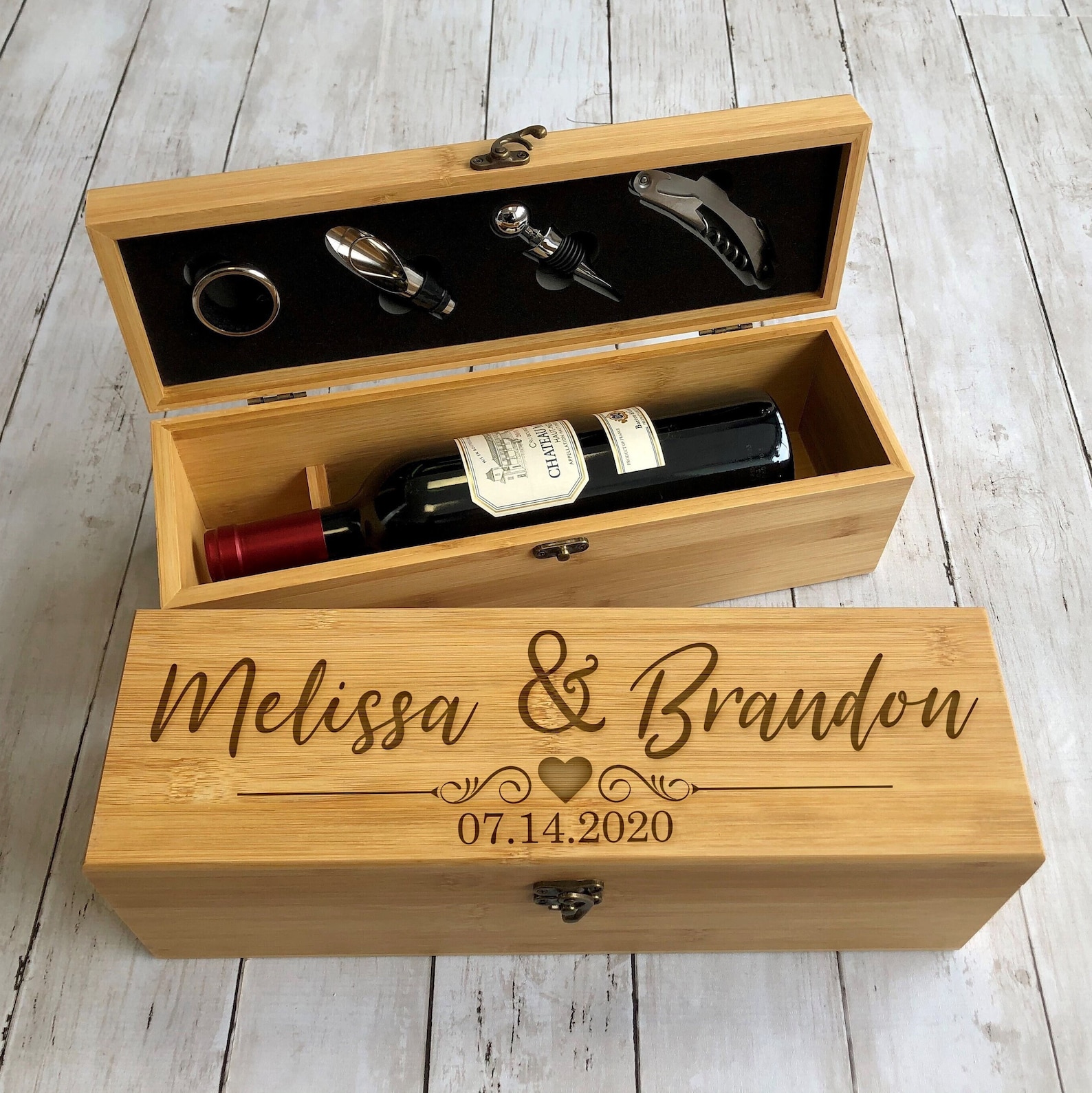 Personalized Wooden Wine Box Set with  Wine Accessory