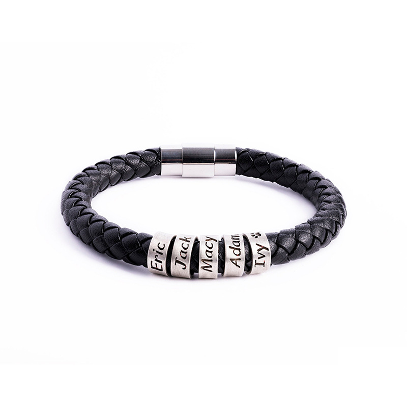 Personalized Leather Bracelet with Stainless Steel Beads