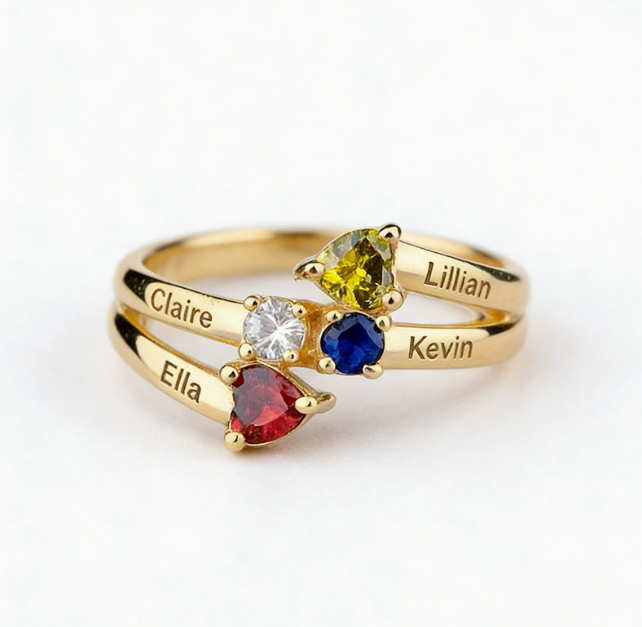 Four Heart Cut Birthstone Ring, 4 Name Engraved Ring