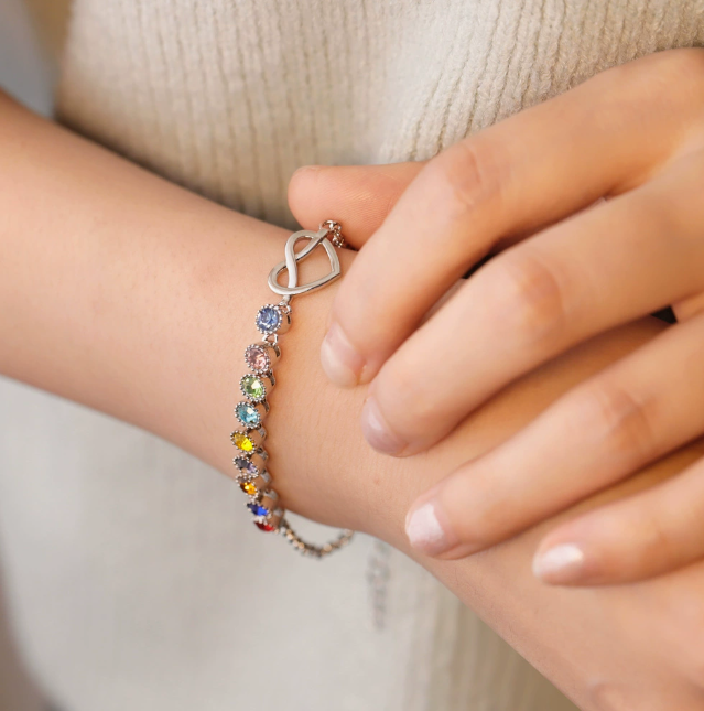 Custom Birthstone Heart Bracelet,Personaliz Family Birthstone Bracelet
