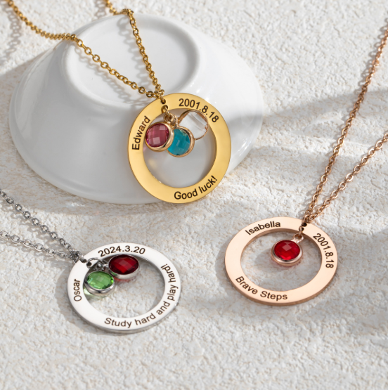 Mom Birthstone Necklace, Personalized Gift for Her, Multiple Birthstone Grandma Necklace, Circle Name Pendant, Birthday gift For Mom