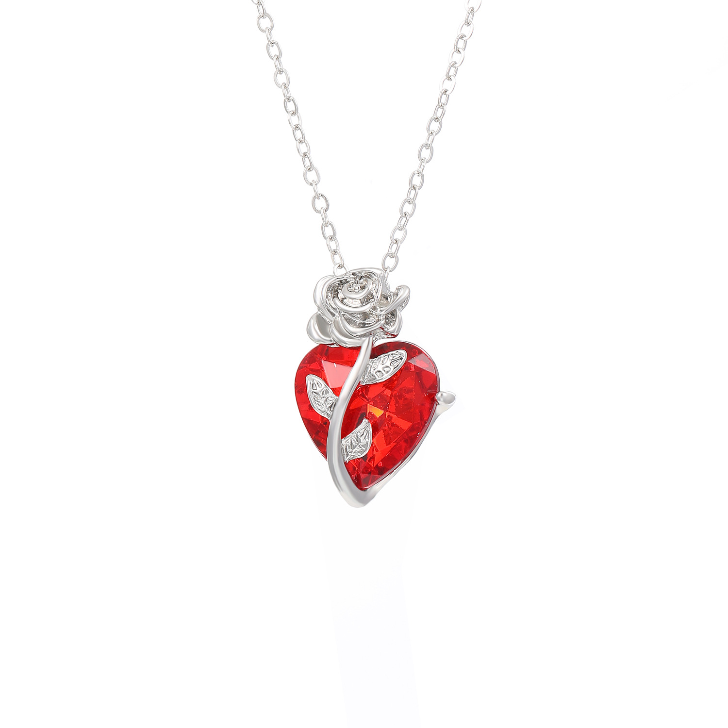 S925 Sterling Silver Rose Flower Heart Birthstone Pendant Necklace
