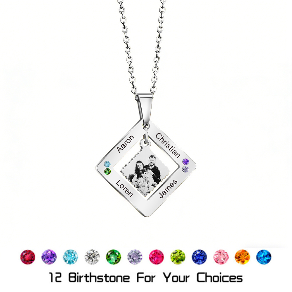 Engraved photo birthstone necklace
