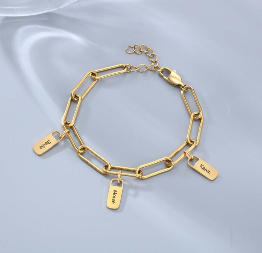 Paperclip pendant engraved bracelet