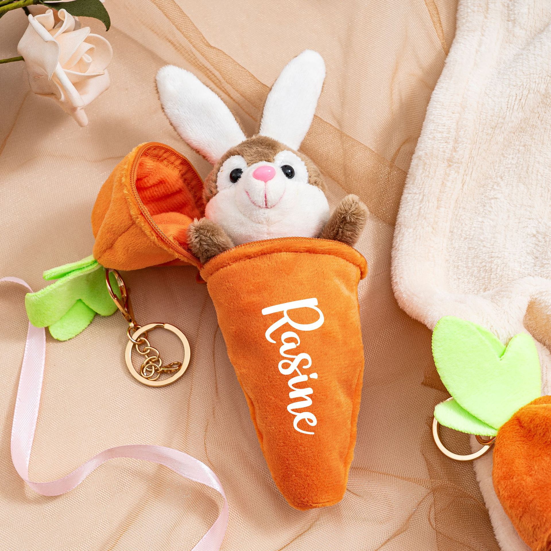 Custom Name Easter Carrot & Bunny Plush Keychain,Personalized Easter Decor Key Chain,Customized Reversible Plush Easter Ornament
