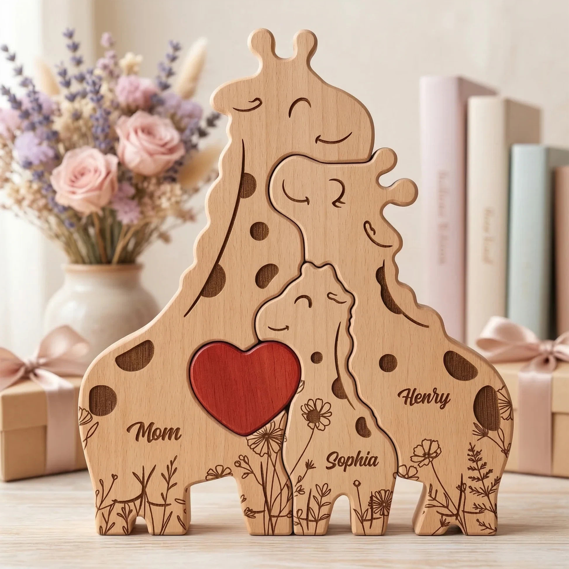 Personalized Wooden Giraffe Family Puzzle Decor