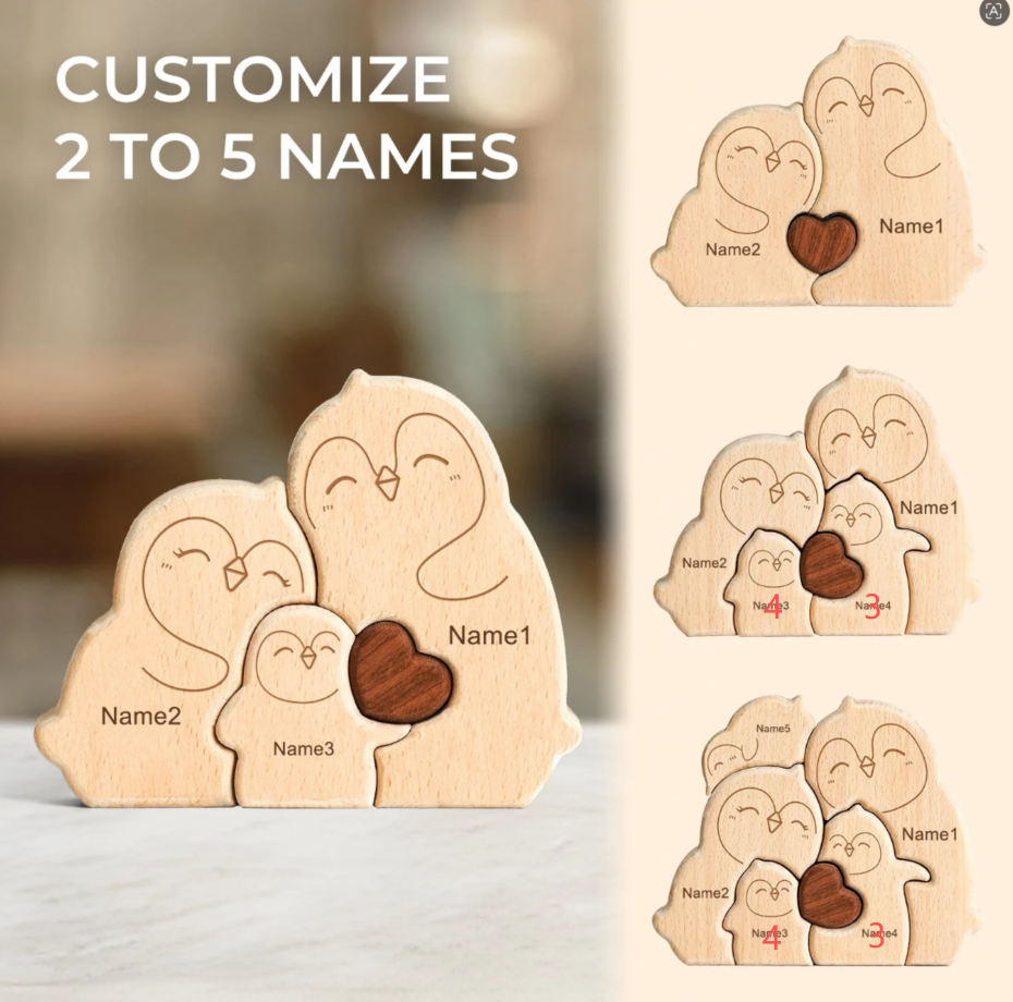 Personalized Wooden Penguin Family Puzzle Decor