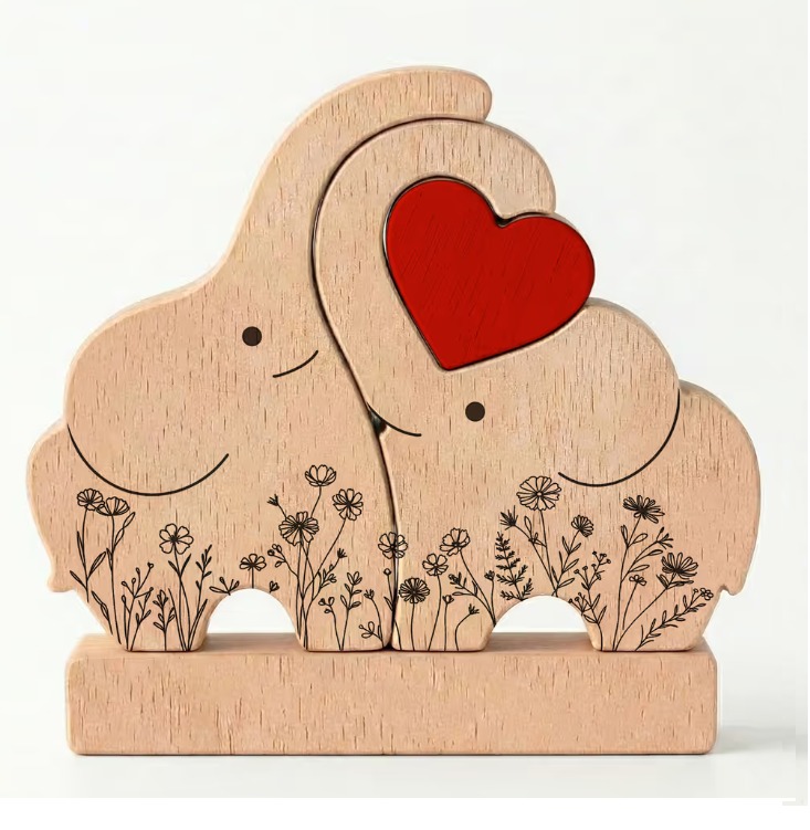 Personalized Wooden Elephant Family Puzzle Decor with Floral Patterns