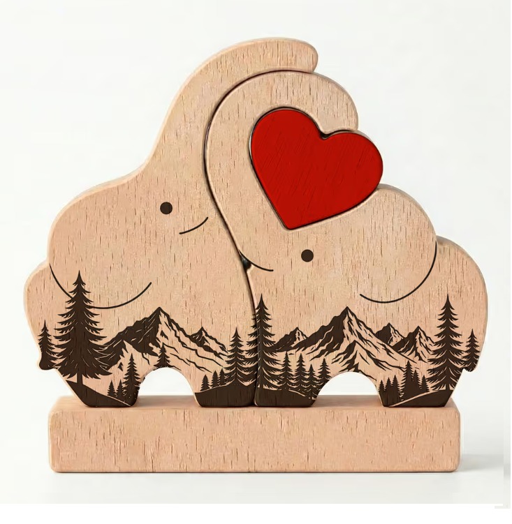 Personalized Wooden Elephant Family Puzzle Decor with Mountain Patterns