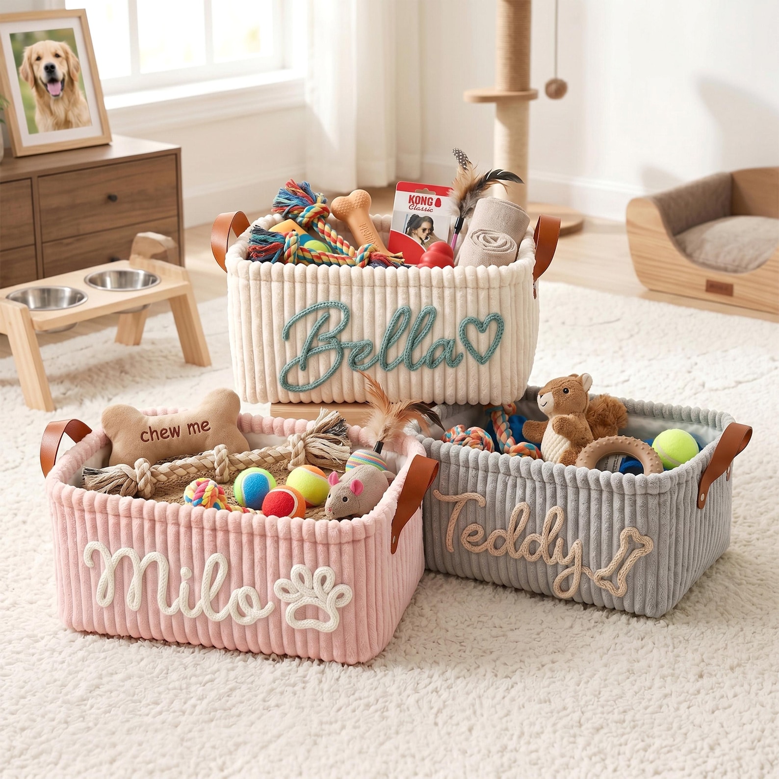 Personalized Handmade Embroidered Toy Corduroy Basket 