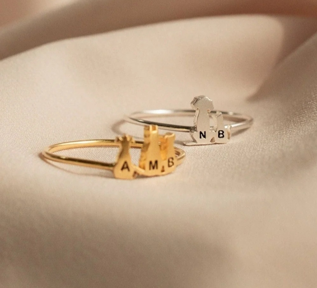 Custom Pet and Name Ring - Personalized Animal Silhouette Ring with Engraved Text - Stainless Steel Open or Closed Band Ring