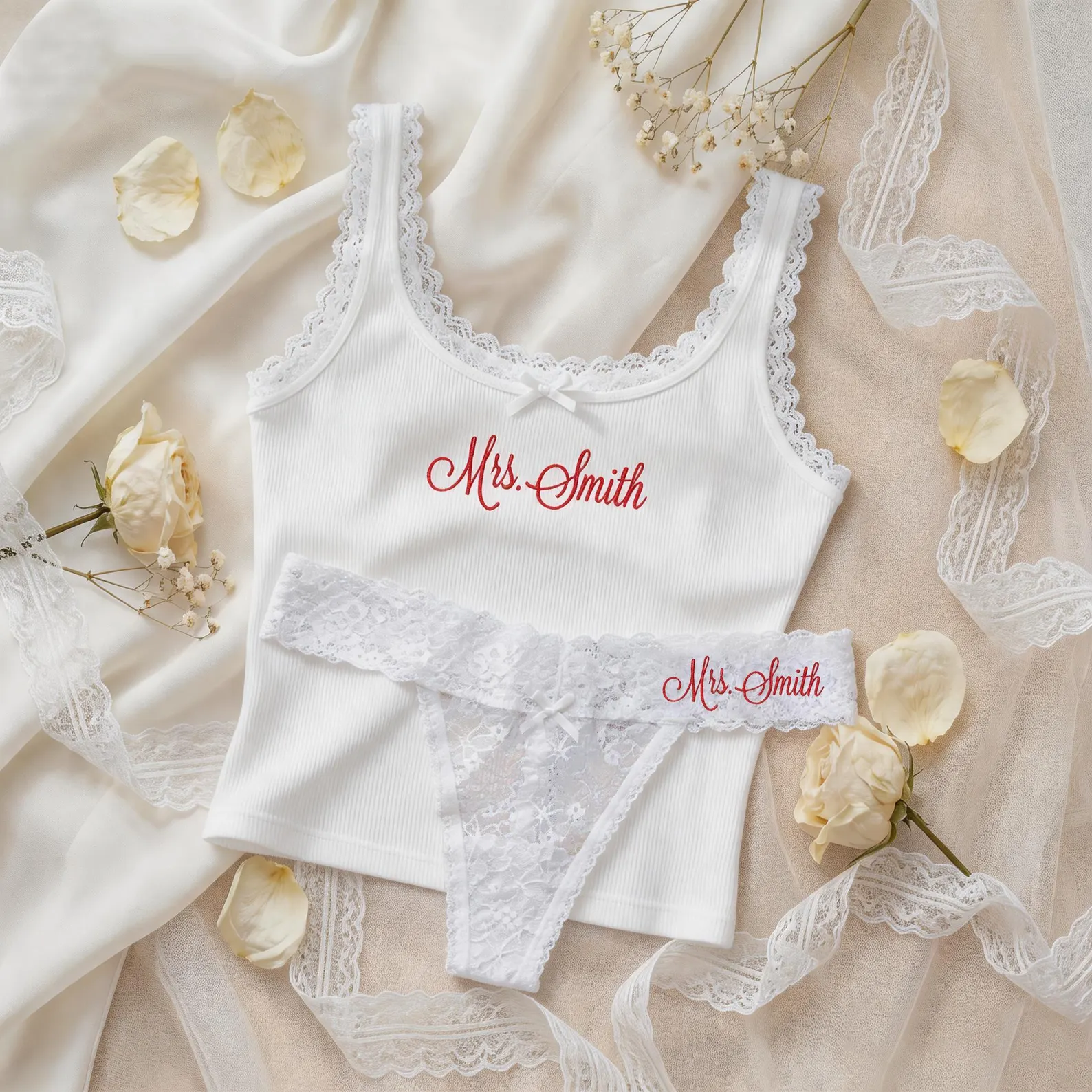 Custom Embroidered Bride Lace Lingerie Set - Tank Top